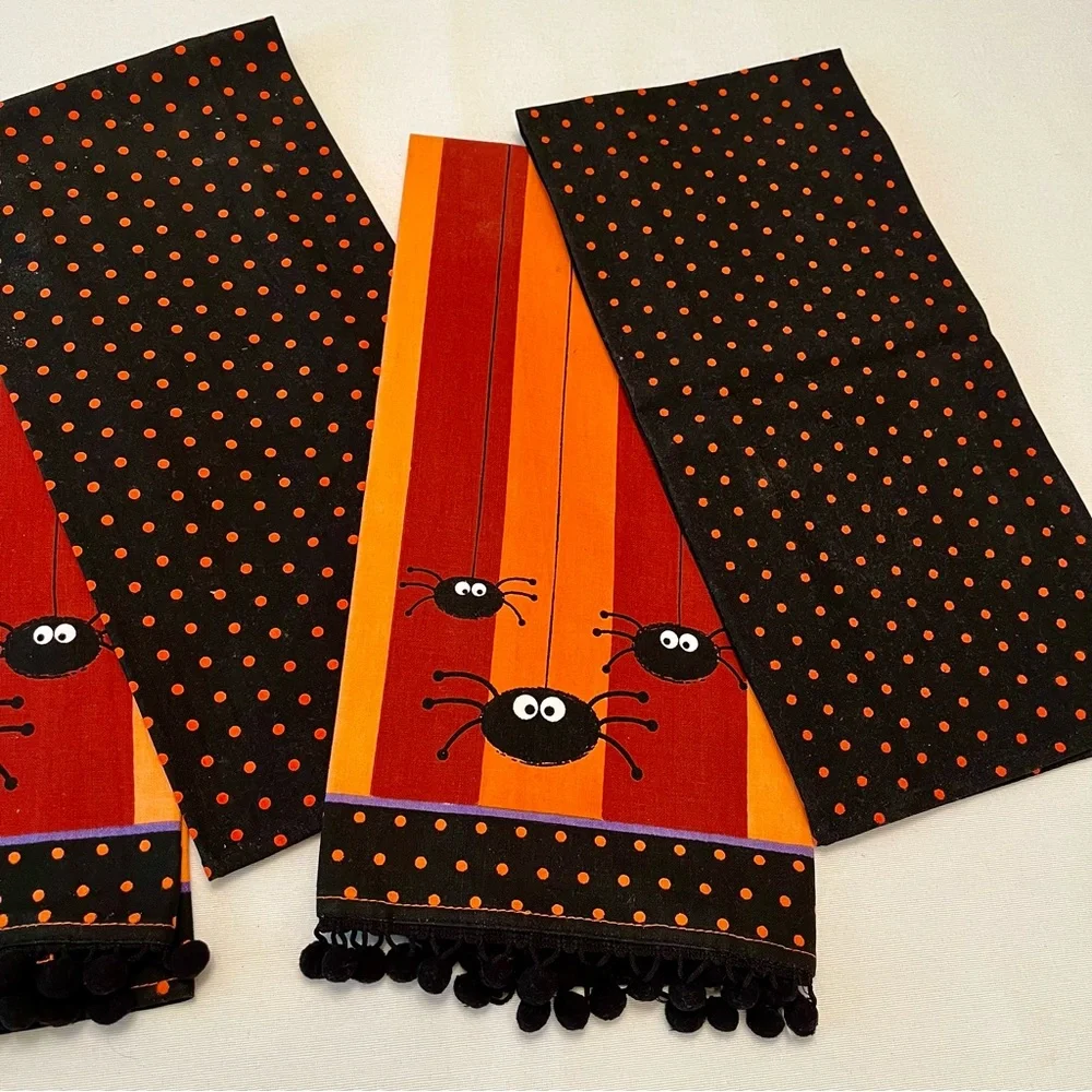 (4) Halloween Kitchen Guest Hand Towels Spiders Polka Dots Stripes Pom Poms